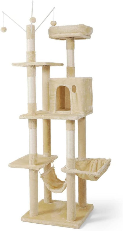 CAPHAUS Tall Climbing Modern Indoor Play Tower for Large Cats Kittens, 70-Inch with Top Perch, Cat Cave Condo, Cat Tree w Hammock, Multi-Level Cat Activity Tree w Cute Scratching Posts