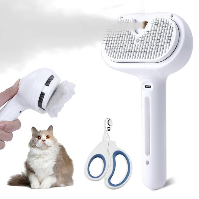 Cat Steam Brush with Release Button, Pet Spray Brushes for Shedding & Grooming, Mist Comb for Pet Long Short Haired, Steamy Brush for Cats Removing Loose Fur and Massage (White)