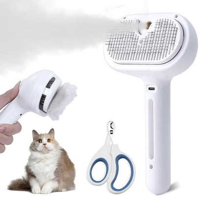 Cat Steam Brush with Release Button, Pet Spray Brushes for Shedding & Grooming, Mist Comb for Pet Long Short Haired, Steamy Brush for Cats Removing Loose Fur and Massage (White)
