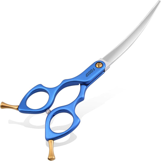 Professional Left Handed Curved Dog Grooming Scissors with Sharper Self Grinding lightweight and finely trimmed split structure 6.5'' Japan VG10 63HRC for small dogs cat pet(Blue)