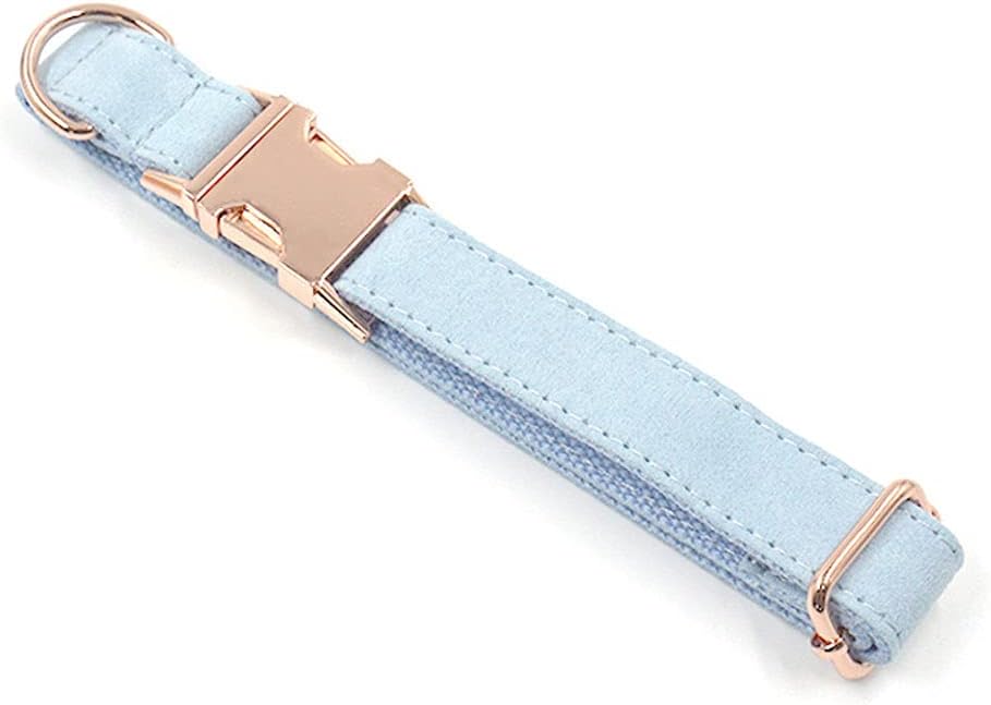 PETDURO Personalized Dog Collar Light Blue Soft Velvet for Large Medium Small Boy Girl Dogs - Custom Collar with Name Phone Engraved on Rose Gold Metal Buckle - Add Leash Bow Set via Customize Now