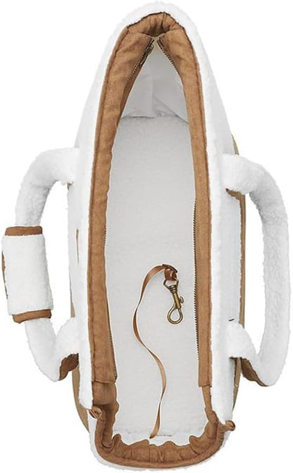 The Limit'd Edition Kool@burra Faux Suede & Sherpa Pet Carrier Tote Zip-Top Dog/Cat Carrier with Front Scoop & Pocket, Cream/Tan, 17 x 8 x 15 in