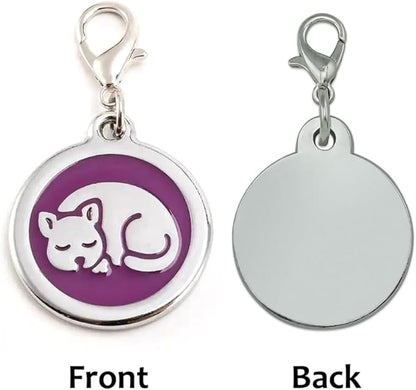 Personalized Cat ID Tags with Lobster Claw Clasp for Kittens and Cats - Small pet Tags for cat Collar, Custom cat Name Tags (Sleeping-Round-Small: Purple)