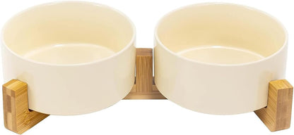 SPUNKYJUNKY Ceramic Dog and Cat Bowl Set with Wooden Stand, Modern Cute Weighted Food Water Set for Small Size Dogs (13.5OZ) & Medium Sized Dogs (28.7OZ) & Cats (3.6 Cups, 2 × Beige)