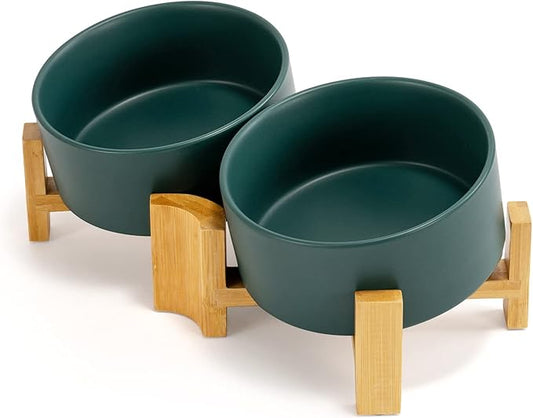 SPUNKYJUNKY 15° Slanted Ceramic Dog and Cat Bowl with Wooden Stand, Tilted Bulldog Food and Water Bowl No Slip Non-Spill for Cats Medium Dogs Big Face Pets 28.7 OZ (3.6 Cups, Green × 2)