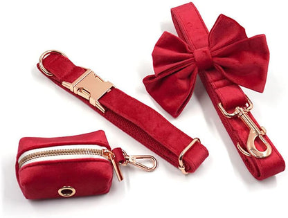 PETDURO Custom Dog Collar Personalized with Name Engraved Rose Gold Metal Buckle for Large Medium Small Girl Dogs - Dog Leash and Bow Tie Available - Soft Comfy Velvet (Christmas Red RG, XL)