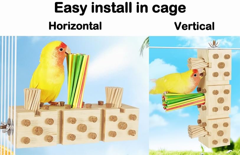 Parrot Toy Cage Perch with Pine Wood Foraging Smart Chewing Toy Soft Corks for Small to Regular Size Parrot Cockatiel Foraging Toy