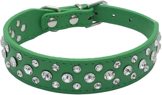 Rhinestone Dog Collar, Bling Rhinestone PU Leather Crystal Diamond Pet Dog Cat Puppy Collar Black S M L XL (XL:40-46CM, Green)