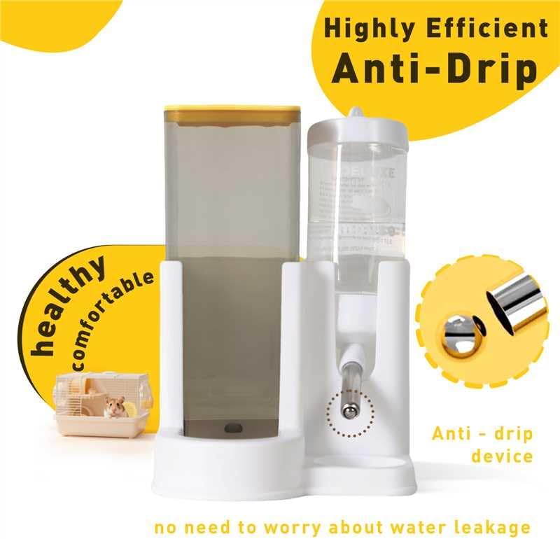 Hamster Water Bottle Standing Guinea Pig Water Dispenser with No Drip 2 in 1 Small Animal Automatic Food Bowl for Cage Accessories for Chinchilla Ferret (Yellow, 5.91 in X 4.13 in X 4.33 in)