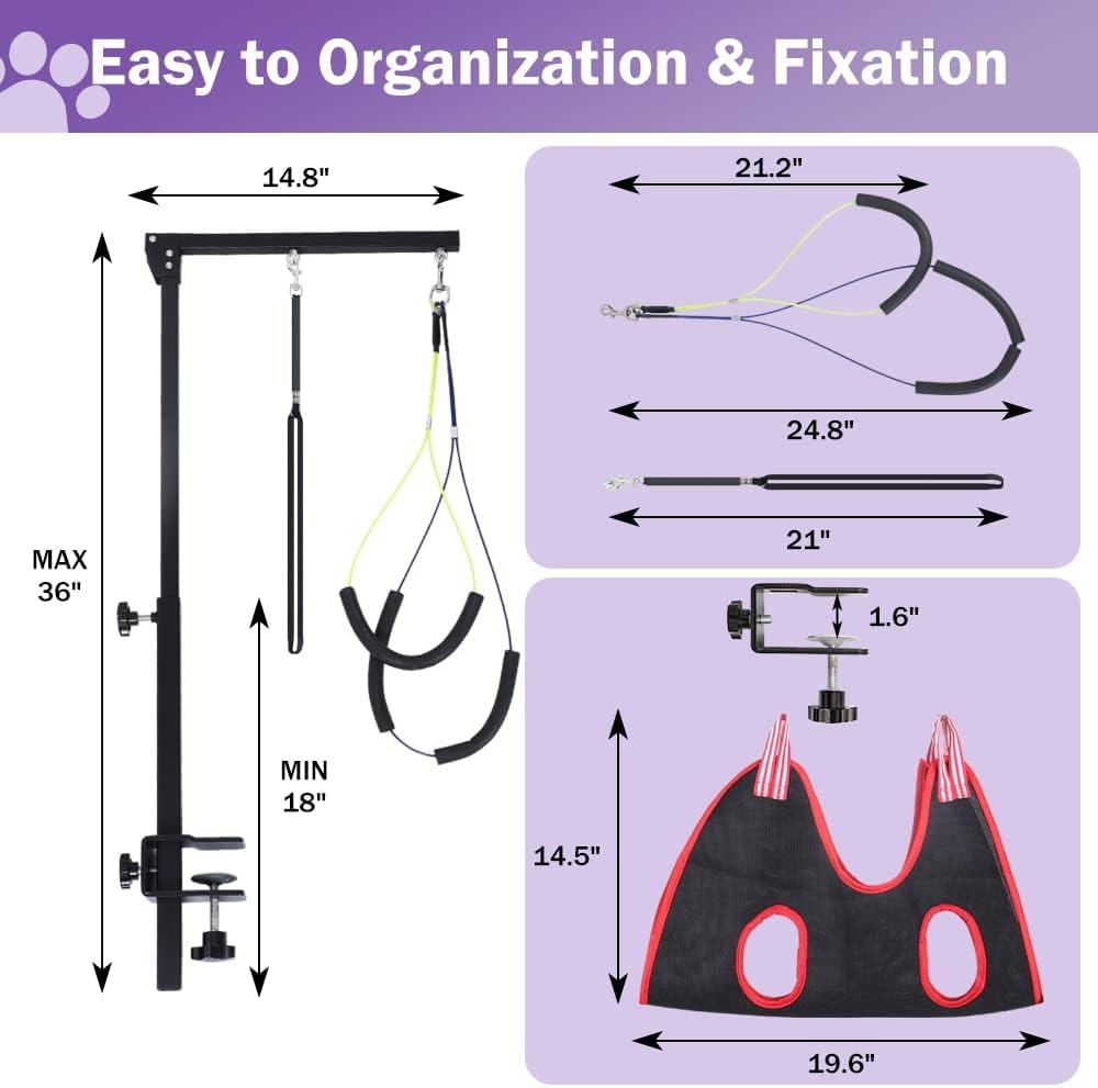 Dog Grooming Arm with Clamp, Heavy Duty Pet Grooming Table Arm with Grooming Hammock, Loop Noose & Two No-Sit Haunch Holder, 36" Height Adjustable for Medium & Small Pets, Black