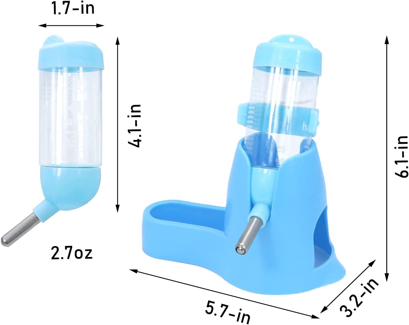 Wontee 3 in 1 Hamster Water Bottle Small Pet Automatic Water Dispenser with Food Container Base Hideout for Dwarf Hamster Mice Gerbils, 2 Pack (Blue, 80ML)
