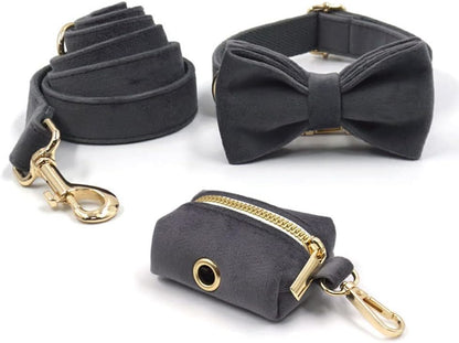 PETDURO Personalized Dog Collar Gray Soft Velvet for Large Medium Small Boy Girl Dogs - Custom Collar with Name Phone Engraved on Gold Metal Buckle - Add Matching Leash Bow Set via Customize Now