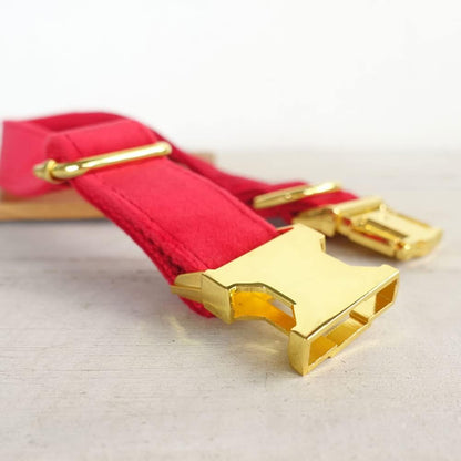 PETDURO Personalized Dog Collar Red Soft Velvet for Large Medium Small Boy Girl Dogs - Custom Collar with Name Phone Engraved on Bright Gold Metal Buckle - Add Matching Leash Bow Set via Customize Now