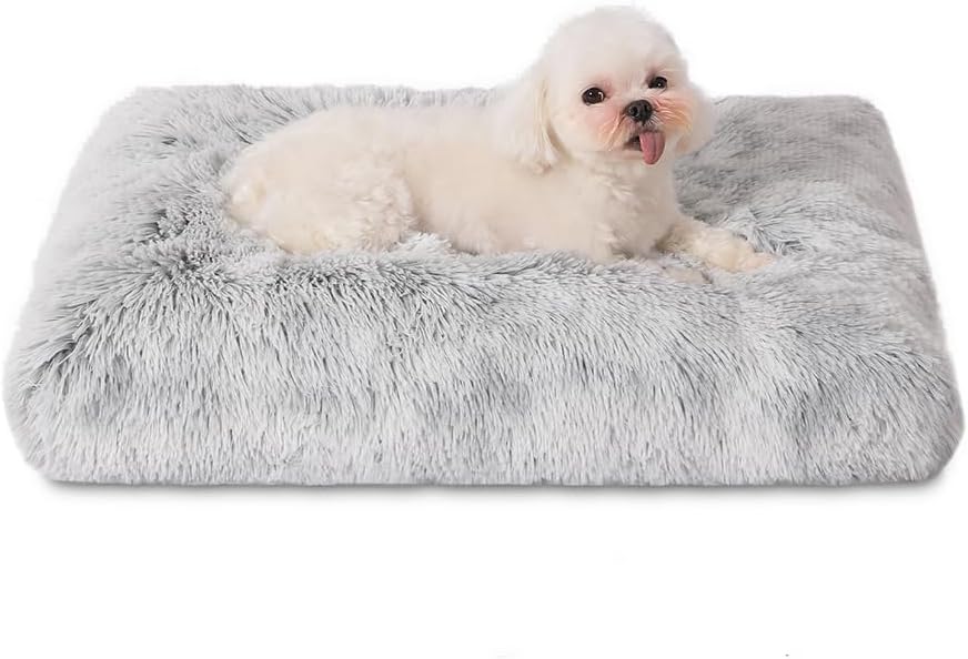 Bedfolks Waterproof Crate Bed, Plush Dog & Cat Bed with Removable Washable Cover, Faux Fur Kennel Pad, 21"x13", Grey