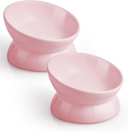 LoeJan Elevated Cat Food Bowl, 5 Oz Ceramic Raised and Tilted Water Bowl, Anti Vomiting and Protect Pets' Spines Dishes for Small Dog, Fat Faced Cat, Kitten (Pink, 2 Pack)