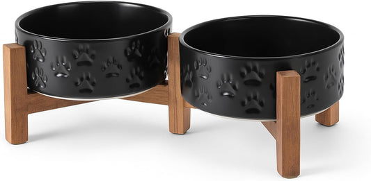 SPUNKYJUNKY Ceramic Elevated Dog Bowl Set with Acacia Wood Stand for Food and Water for Cats and Small Dogs (13.52 OZ, Black, Dog Paw Pattern)
