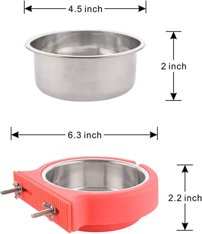 Crate Dog Bowl Removable Stainless Steel Water Food Feeder Bowls Cage Coop Cup for Cat Puppy Bird Pets (Small, Pink Orange with Corrugated Clip)