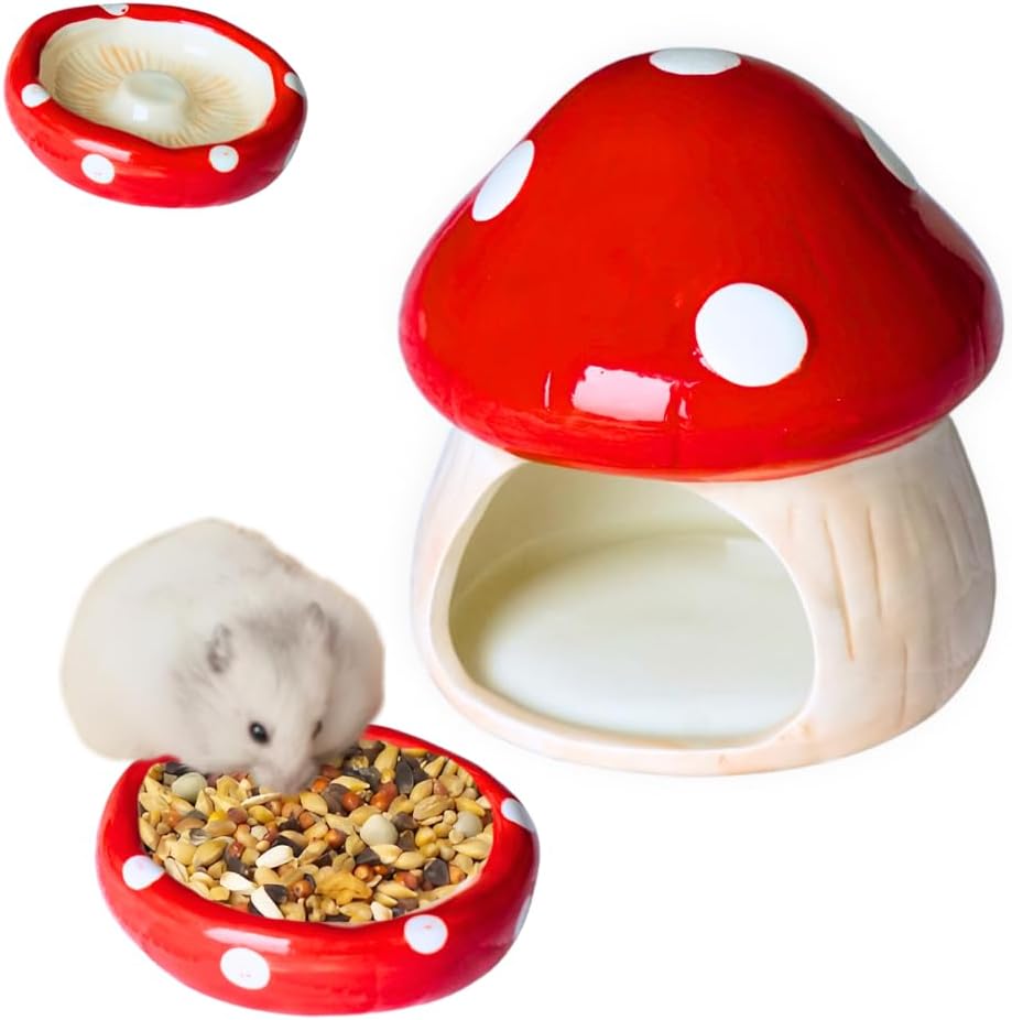 Mushroom Ceramic Hamster Hideout, Food Bowl, Syrian Cage Accessories, Ceramic Larger House and Hideouts, Chew-Proof Decor, Cool Bed Ideal for Syrian Hamster Dwarf Gerbil Mice Golden Bear