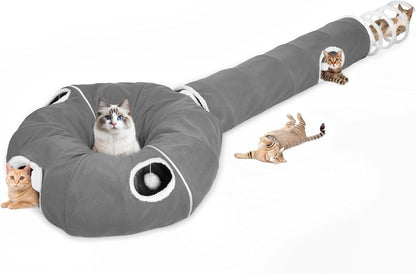 Ownpets 2-in-1 Cat Tunnel Bed, Lollipop Shape Large Cat Tunnel Toy, Plush Foldable Cat Cave Hideout Donut Tunnel for Kitten Rabbit Ferret, Grey