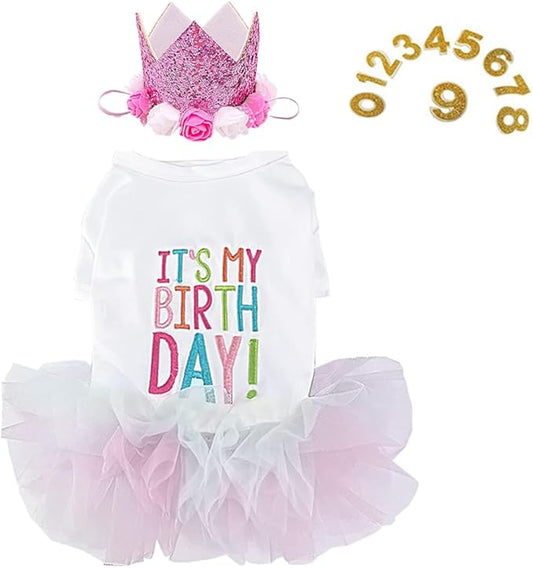 ANIAC Dog Birthday Dress and Hat Set Puppy Lace Tutu Pink Pet Crown Hat with 0-9 Figures Birthday Outfit for Cats Small Dog (White+Pink,Medium)