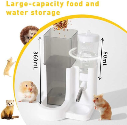 Hamster Water Bottle Standing Guinea Pig Water Dispenser with No Drip 2 in 1 Small Animal Automatic Food Bowl for Cage Accessories for Chinchilla Ferret (Gray, 5.91 in X 4.13 in X 4.33 in)
