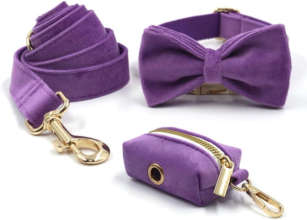 PETDURO Personalized Dog Collar Purple Soft Velvet for Large Medium Small Girl Dogs - Custom Collar with Name Phone Number Engraved on Gold Metal Buckle - Add Matching Leash Bow Set via Customize Now