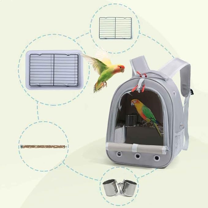 Bird Traval Carrier Cage, Multi Vent Holes Clear Space Capsule Astronaut Backpack to Carry Parakeet Cockatiel Parrot with Metal Tray Wood Perch, Vet Transport Book Bag (Grey)