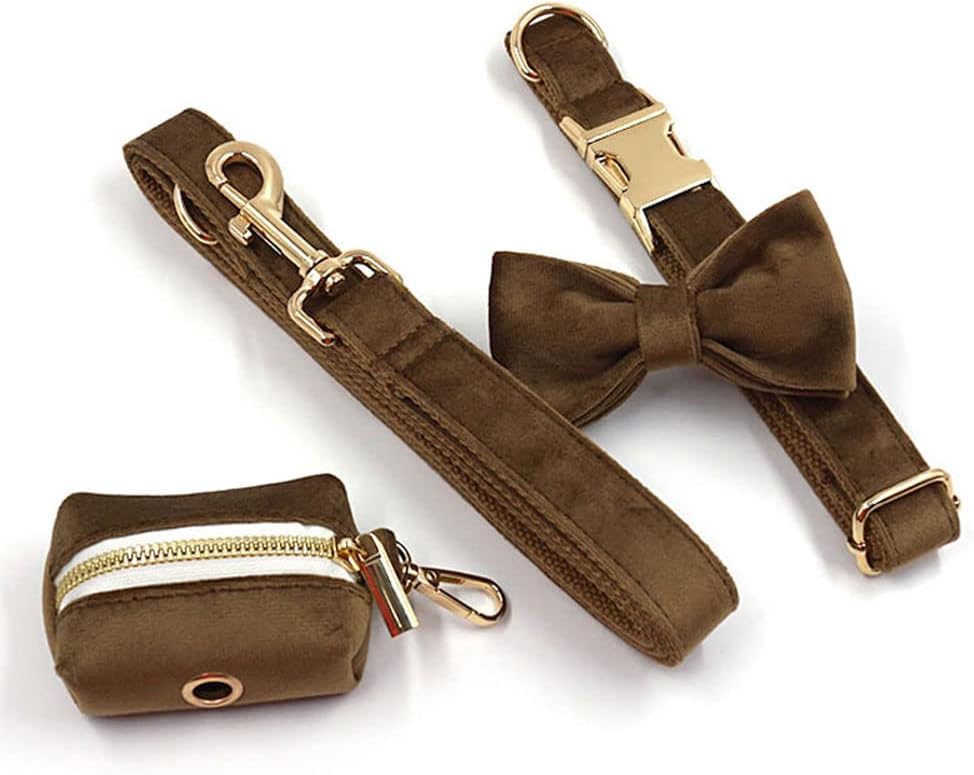 PETDURO Custom Dog Collar Personalized with Name Engraved Quick Release Gold Metal Buckle for Large Medium Small Girl Dogs - Dog Leash and Bow Tie Available - Soft Comfy Velvet (Brown G, L)