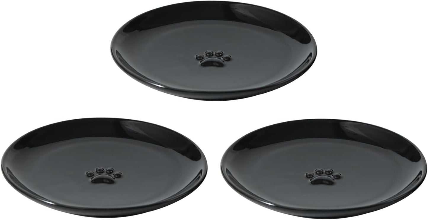 6.1'' Ceramic Wide Cat Dishes, Set of 3 Ceramic Cat Bowls, Indoor Kitten Feeding Wet & Dry Shallow Food Dish Anti Whisker Fatigue(3 Pcs, Black)