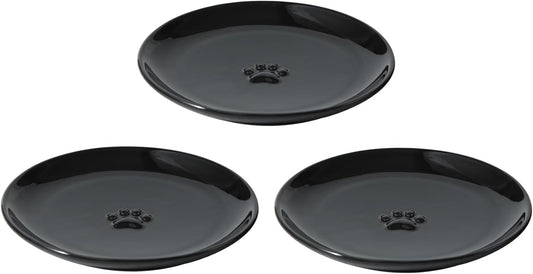 6.1'' Ceramic Wide Cat Dishes, Set of 3 Ceramic Cat Bowls, Indoor Kitten Feeding Wet & Dry Shallow Food Dish Anti Whisker Fatigue(3 Pcs, Black)