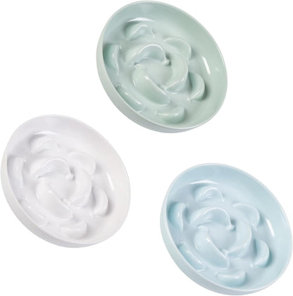 Melamine Slow Feeder Cat Bowls - Set of 3 Cat Food Dishes - Fun Maze Design for Slow Feeding - Dishwasher Safe - White, Blue, Green