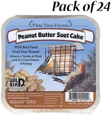 Pine Tree Farms Peanut Butter Suet Cakes – 12 oz Each, Pack of 24 – Wild Bird Food with Suet, Peanuts & Peanut Butter – High-Energy Suet Cakes for Songbirds, Woodpeckers, Chickadees & Nuthatches