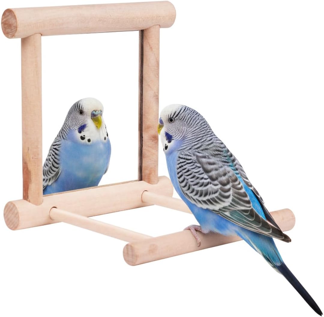 Bird Mirror Toy for Parakeet, Budgie, and Lovebirds - MINI-FACTORY Safe Enrichment Cage Accessory with Natural Wood Perch for Small & Medium Birds