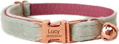 Cat Collar Personalized with Name Engraved and Bell, Customized Velvet Collars for Puppy Kittens (Mint Green, S)