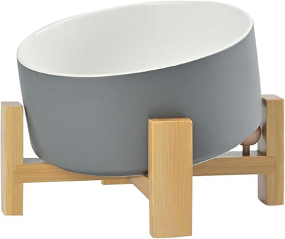 SPUNKYJUNKY 15° Slanted Ceramic Dog and Cat Bowl with Wooden Stand, Tilted Bulldog Food and Water Bowl No Slip Non-Spill for Cats Medium Dogs Big Face Pets 28.7 OZ (3.6 Cups, White-Grey)