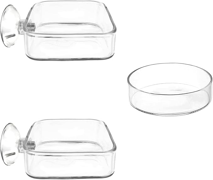Aquarium Shrimp Feeder Dish Glass Fish Tank Feeding Bowls, 2pcs Square Glass Food Bowl (60mm), 1pcs Round Fish Feeding Bowls with Suction Cups (60mm)