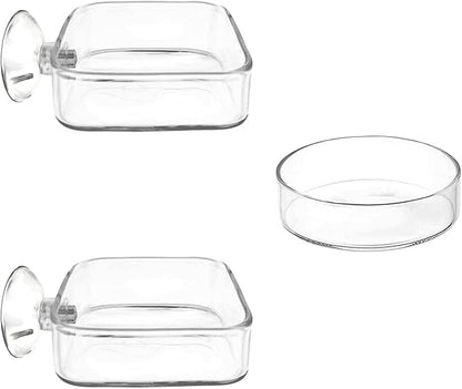 Aquarium Shrimp Feeder Dish Glass Fish Tank Feeding Bowls, 2pcs Square Glass Food Bowl (60mm), 1pcs Round Fish Feeding Bowls with Suction Cups (60mm)