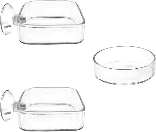 Aquarium Shrimp Feeder Dish Glass Fish Tank Feeding Bowls, 2pcs Square Glass Food Bowl (60mm), 1pcs Round Fish Feeding Bowls with Suction Cups (60mm)