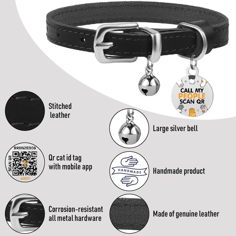 BRONZEDOG Leather Cat Collar with Removable Bells Non Breakaway Kitten QR Tag for Girl Boy (9" - 12" Cats/Mini Dogs, Black & Silver)