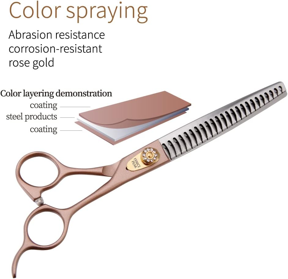 Fenice Peak 8‘’ Professional Dog Grooming Scissors Set Rose Gold 440C Stainless Steel Straight Thinning Curved Chunker Shears 4pcs Set for Pet Grooming Services Dogs and Cats