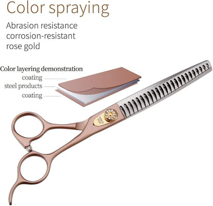 Fenice Peak 7.5‘’ Professional Dog Grooming Scissors Set Rose Gold 440C Stainless Steel Straight Thinning Curved Chunker Shears 4pcs Set for Pet Grooming Services Dogs and Cats