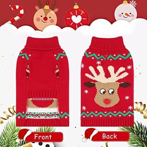 Christmas Dog Turtleneck Sweater Winter Reindeer Snowflake Sweater with Leash Hole Puppy Knitwear Pullover Holiday Sweaters for Small Medium Large Dogs 3XL