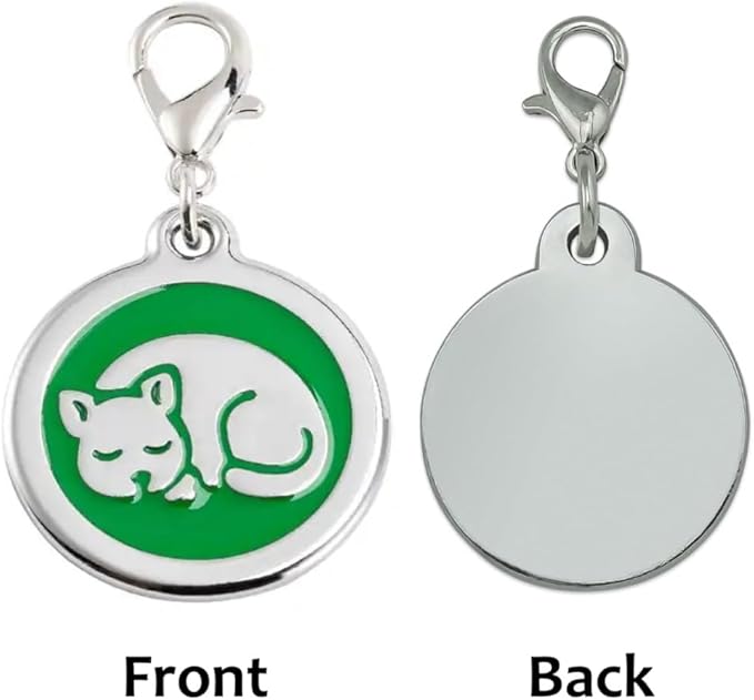 Personalized Pet ID Tags with Lobster Claw Clasp for Kittens and Cats - Small pet Tags for Cats, cat Name Tags for Collar, Custom cat id tag (Sleeping-Round-Small: Green)