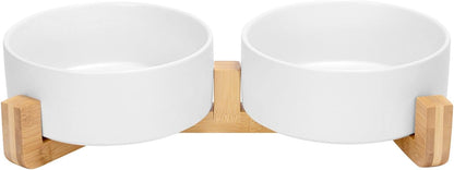 SPUNKYJUNKY Ceramic Dog and Cat Bowl Set with Wooden Stand, Modern Cute Weighted Food Water Bowl Set for Medium to Large Size Dogs (42 OZ, 2 × White)