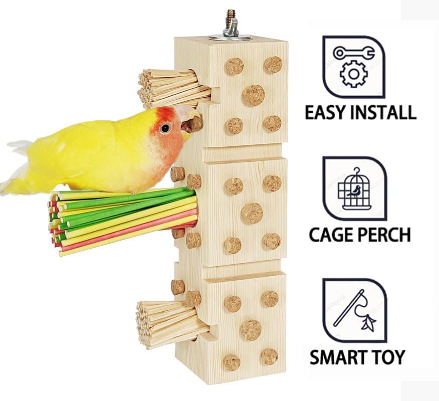 Parrot Toy Cage Perch with Pine Wood Foraging Smart Chewing Toy Soft Corks for Small to Regular Size Parrot Cockatiel Foraging Toy