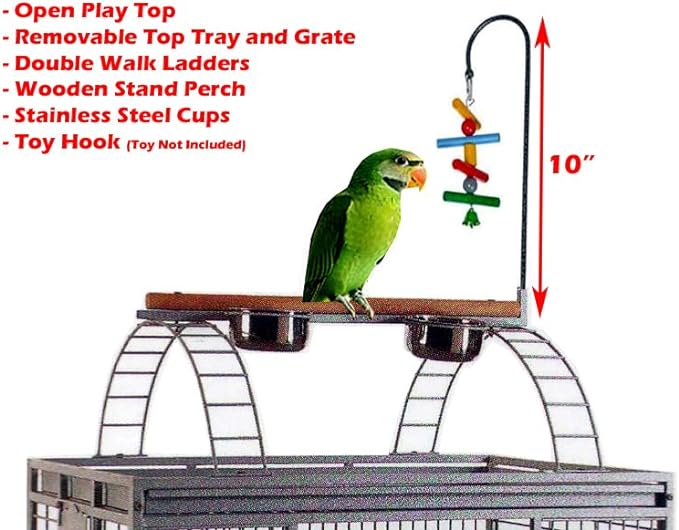 Large Double Ladders Open Play Top Wrought Iron Bird Parrot Parakeet Finch Macaw Cockatoo Cage, Include Seed Guard and Toy Hook (30.5''L x 29.5''W x 65''H, Black Vein)