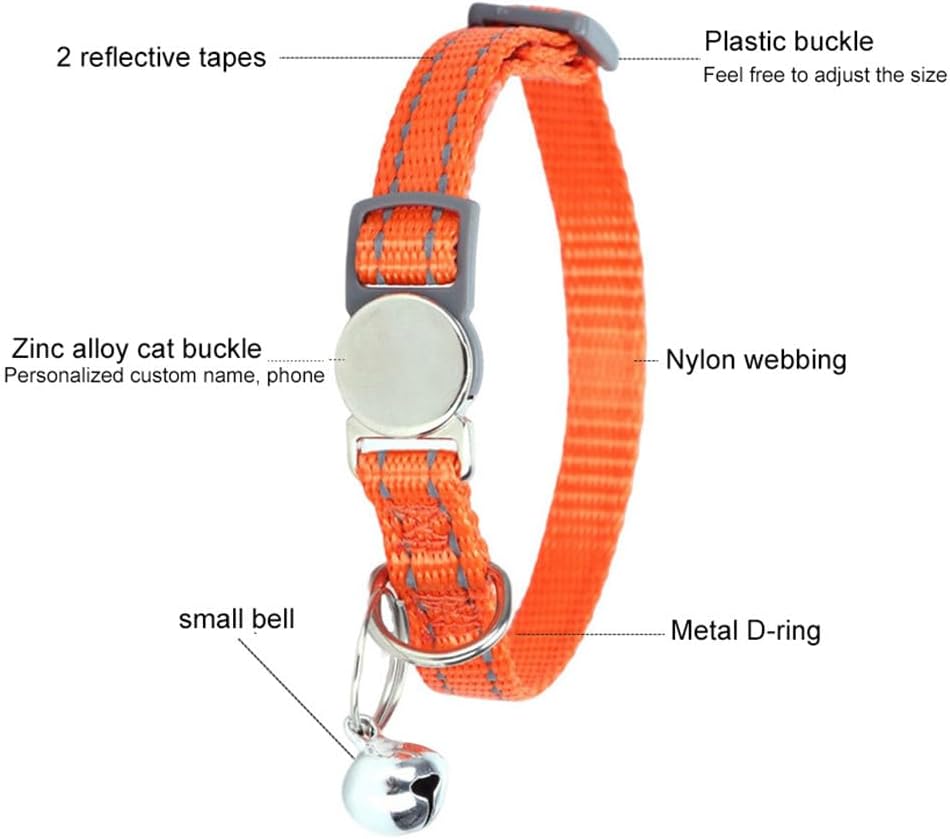 Orange Cat Bell Collar Reflective, Soft Nylon Break Away Kitten Collar with Bells, Breakaway Puppy Collar for XXS Xs Small Dogs, Neck 7-11 Inch