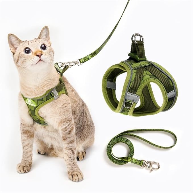 Cat Harness and Leash Set, Step-in Escape Proof Adjustable Vest Harness for Small Medium Large Cats, Lightweight Soft Breathable Reflective Kitten Harness for Walking Travel, Camping(Green, M)
