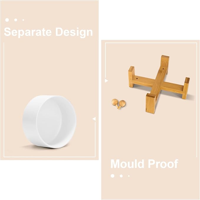 SPUNKYJUNKY 15° Slanted Ceramic Dog and Cat Bowl with Wooden Stand, Tilted Bulldog Food and Water Bowl No Slip Non-Spill for Cats Medium Dogs Big Face Pets 28.7 OZ (3.6 Cups, White)