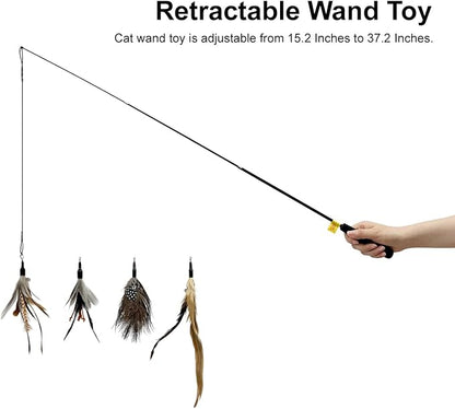 TTcat Cat Feather Wand Toys,Retractable Wand Toy with 4 Feather Refills, Interactive Cat Toy Kitten Toy for Indoor Cats to Play Chase Exercis